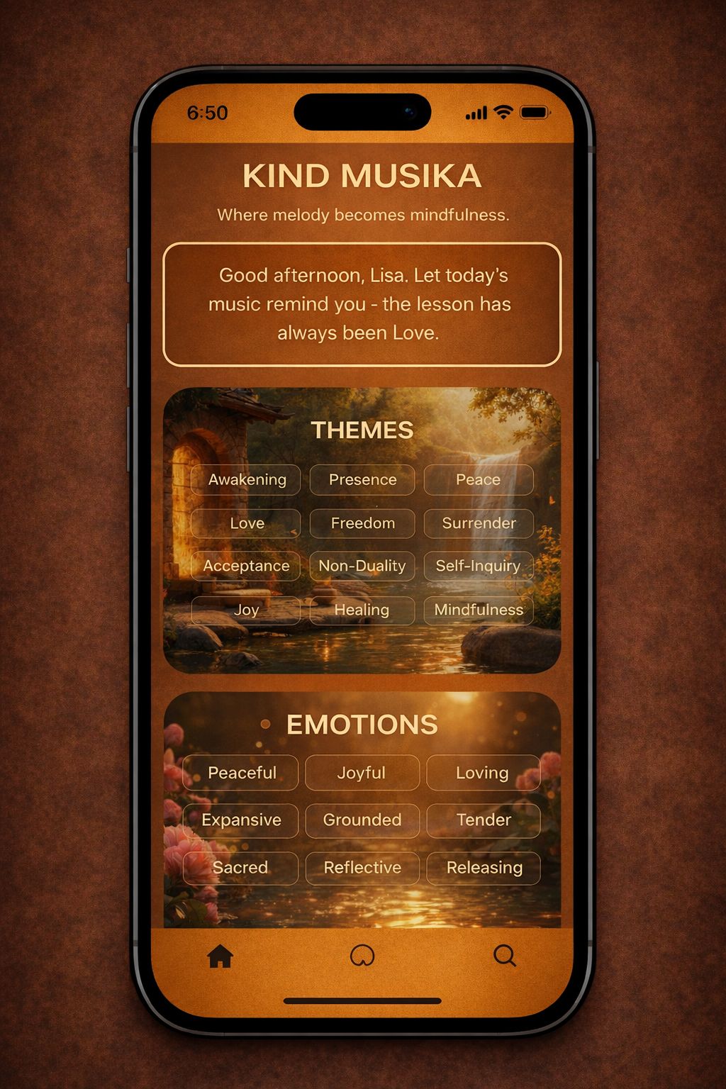Kind Musika - Home screen with themes and emotions